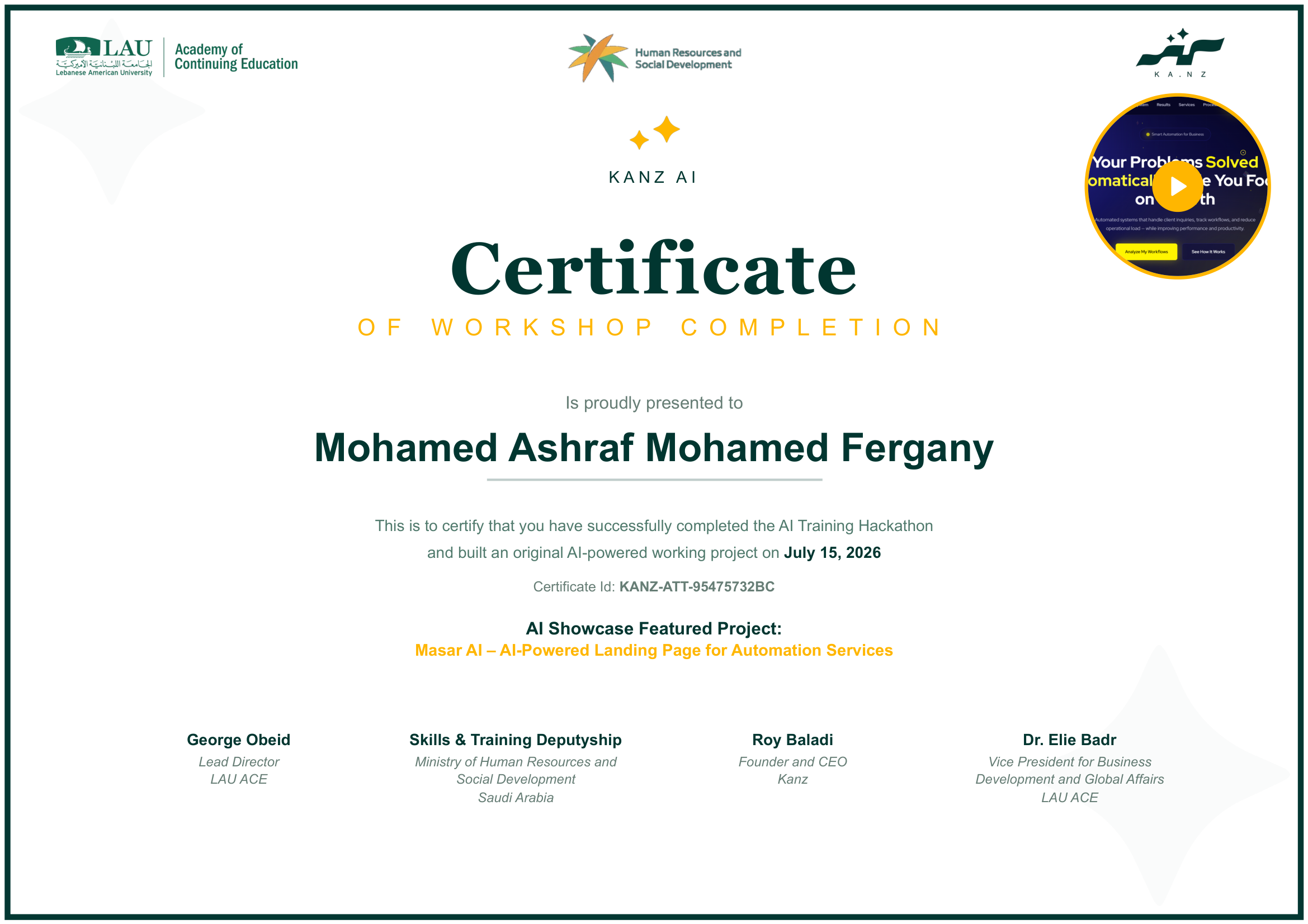 AI Training Hackathon Certificate